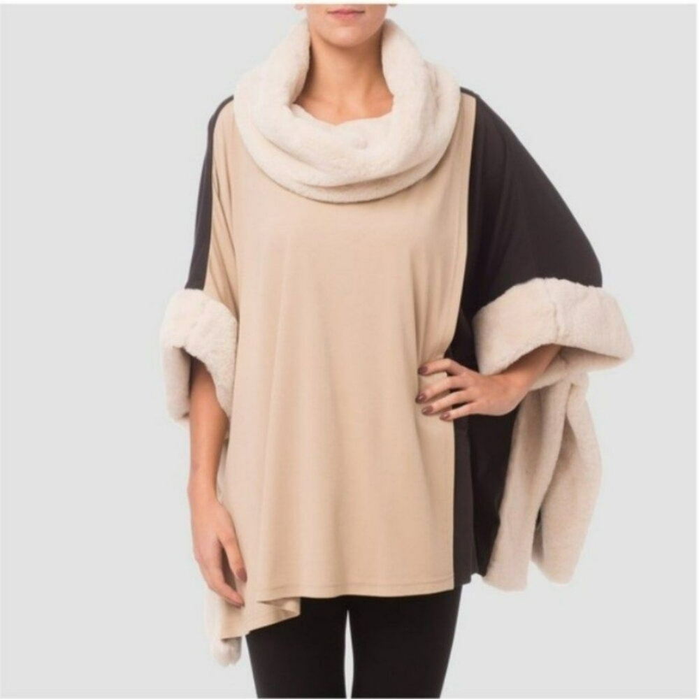 Joseph Ribkoff L/XL Faux Fur Trim Lined Color Blocked Black Beige Tan Poncho